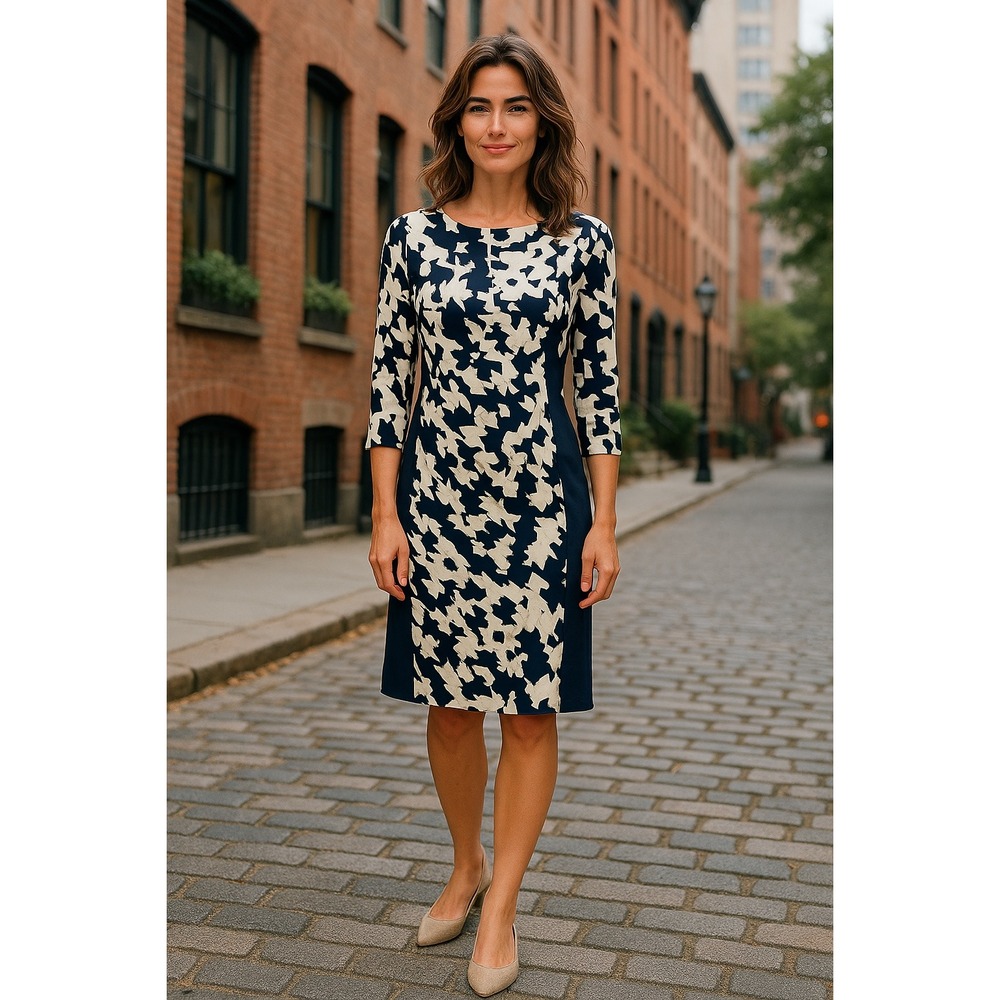 Lauren Ralph Lauren Women's Size 2 Dress  Navy Tan Geometric Ruched 3/4‎ Sleeve